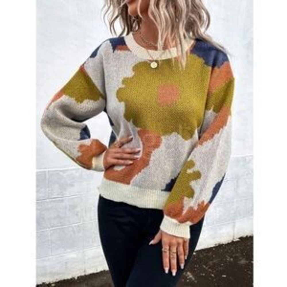 Floral Print Pullover Knit Sweater Multicolor Crew Neck Long Sleeve - Picture 3 of 3
